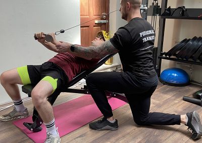Matt delivers perfect reps with a laying cable tricep extensions