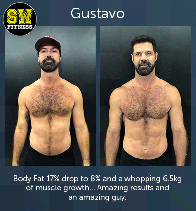 Gustavo - Body Fat 17% drop to 8% and a whopping 6.5kg of muscle growth... Amazing results and an amazing guy.